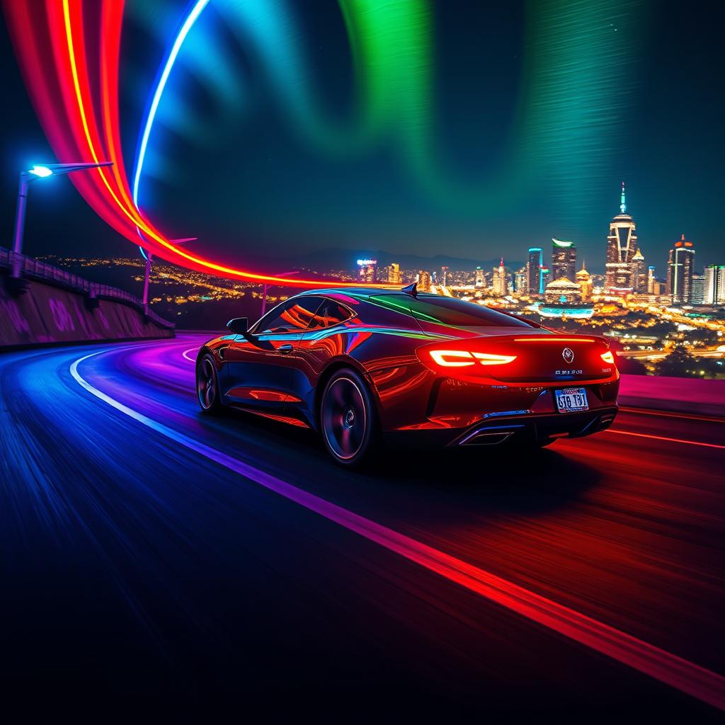 A vibrant night scene featuring a winding road illuminated by colorful neon lights, creating a captivating atmosphere