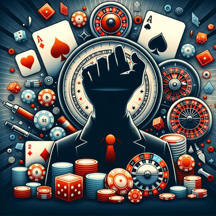 A vibrant and engaging illustration titled 'Glitz Gamble Zone', featuring a silhouette of a well-dressed man in a fedora, surrounded by an explosion of casino elements
