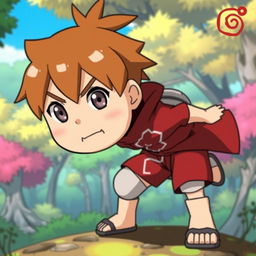 A character inspired by Choji from Naruto, featuring a round face, short brown hair, and a distinct red and white outfit typical of his design