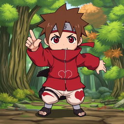 A character inspired by Choji from Naruto, featuring a round face, short brown hair, and a distinct red and white outfit typical of his design