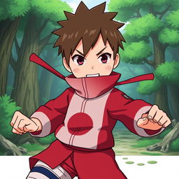 A character inspired by Choji from Naruto, featuring a round face, short brown hair, and a distinct red and white outfit typical of his design