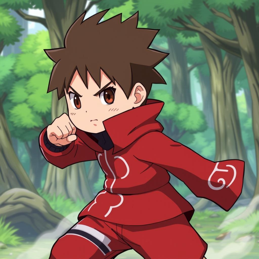 A character inspired by Choji from Naruto, featuring a round face, short brown hair, and a distinct red and white outfit typical of his design