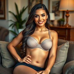 A confident woman sitting comfortably, wearing a thick, stylish bra
