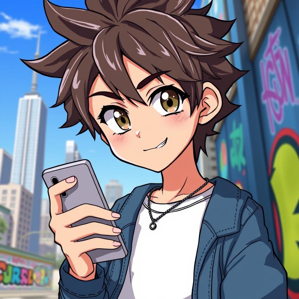 A handsome anime boy holding a smartphone, with striking features such as large expressive eyes, stylish messy hair, and a confident smile