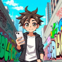 A handsome anime boy holding a smartphone, with striking features such as large expressive eyes, stylish messy hair, and a confident smile