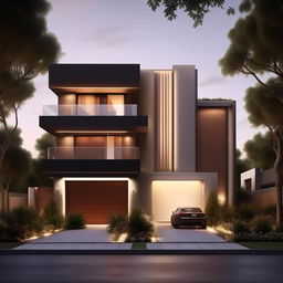 Create an image of a stunning, modern three-story building on a 40ft x 30ft plot. Incorporate a spacious garage on the right side, enhancing the overall architectural elegance.