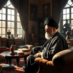 A surreal scene depicting a meeting with a realistic, older man with a black turban, representative of a significant political figure in Iran, seated at a ornate Persian-style sitting area filled with lush cushions and intricate carpets
