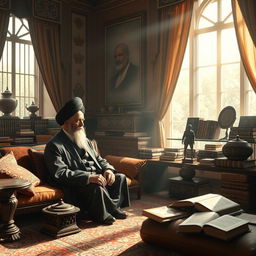 A surreal scene depicting a meeting with a realistic, older man with a black turban, representative of a significant political figure in Iran, seated at a ornate Persian-style sitting area filled with lush cushions and intricate carpets