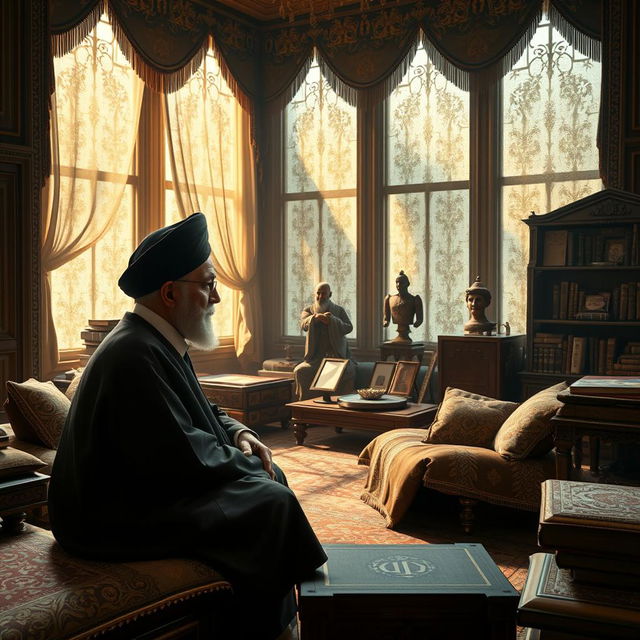 A surreal scene depicting a meeting with a realistic, older man with a black turban, representative of a significant political figure in Iran, seated at a ornate Persian-style sitting area filled with lush cushions and intricate carpets