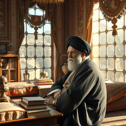 A surreal scene depicting a meeting with a realistic, older man with a black turban, representative of a significant political figure in Iran, seated at a ornate Persian-style sitting area filled with lush cushions and intricate carpets