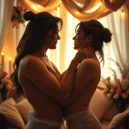 A sensual and artistic representation of a romantic encounter, focusing on the chemistry between two adults