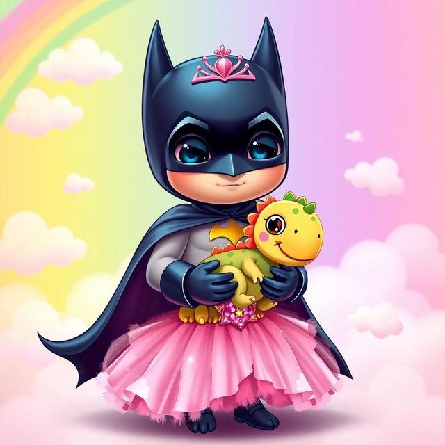 A cute scene depicting Batman in a pink princess outfit, holding a small dinosaur like a baby