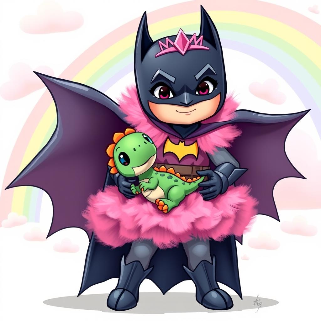 A cute scene depicting Batman in a pink princess outfit, holding a small dinosaur like a baby