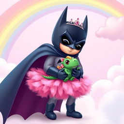 A cute scene depicting Batman in a pink princess outfit, holding a small dinosaur like a baby