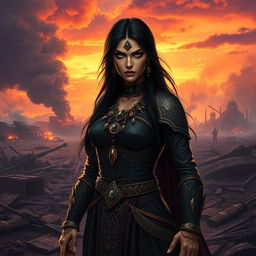 A powerful female villain with Middle Eastern features, dressed in an elaborate, dark traditional outfit that blends modern elements with ancient motifs, standing confidently on a battlefield