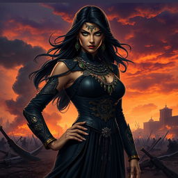 A powerful female villain with Middle Eastern features, dressed in an elaborate, dark traditional outfit that blends modern elements with ancient motifs, standing confidently on a battlefield