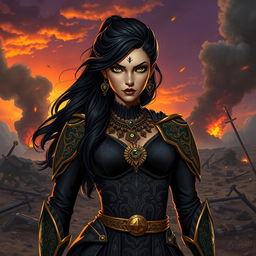 A powerful female villain with Middle Eastern features, dressed in an elaborate, dark traditional outfit that blends modern elements with ancient motifs, standing confidently on a battlefield
