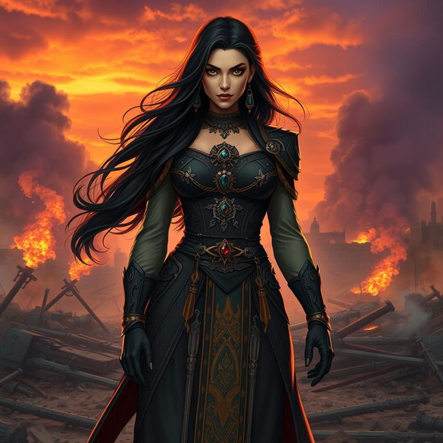 A powerful female villain with Middle Eastern features, dressed in an elaborate, dark traditional outfit that blends modern elements with ancient motifs, standing confidently on a battlefield