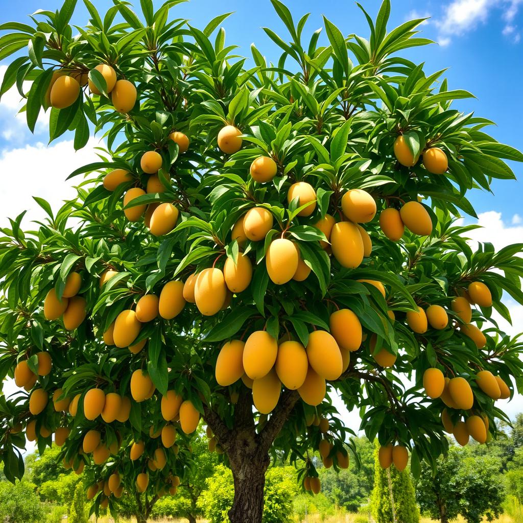 A lush green mango tree adorned with ripe, golden mangoes hanging from its branches