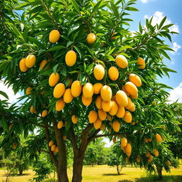 A lush green mango tree adorned with ripe, golden mangoes hanging from its branches