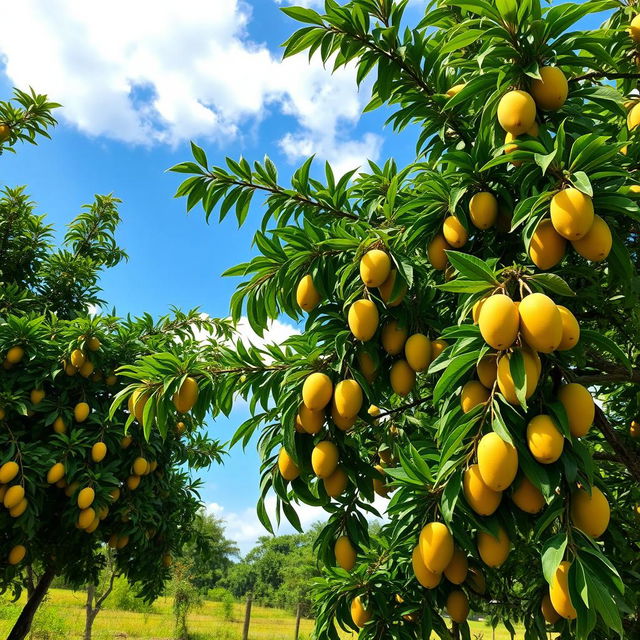 A lush green mango tree adorned with ripe, golden mangoes hanging from its branches