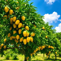 A lush green mango tree adorned with ripe, golden mangoes hanging from its branches