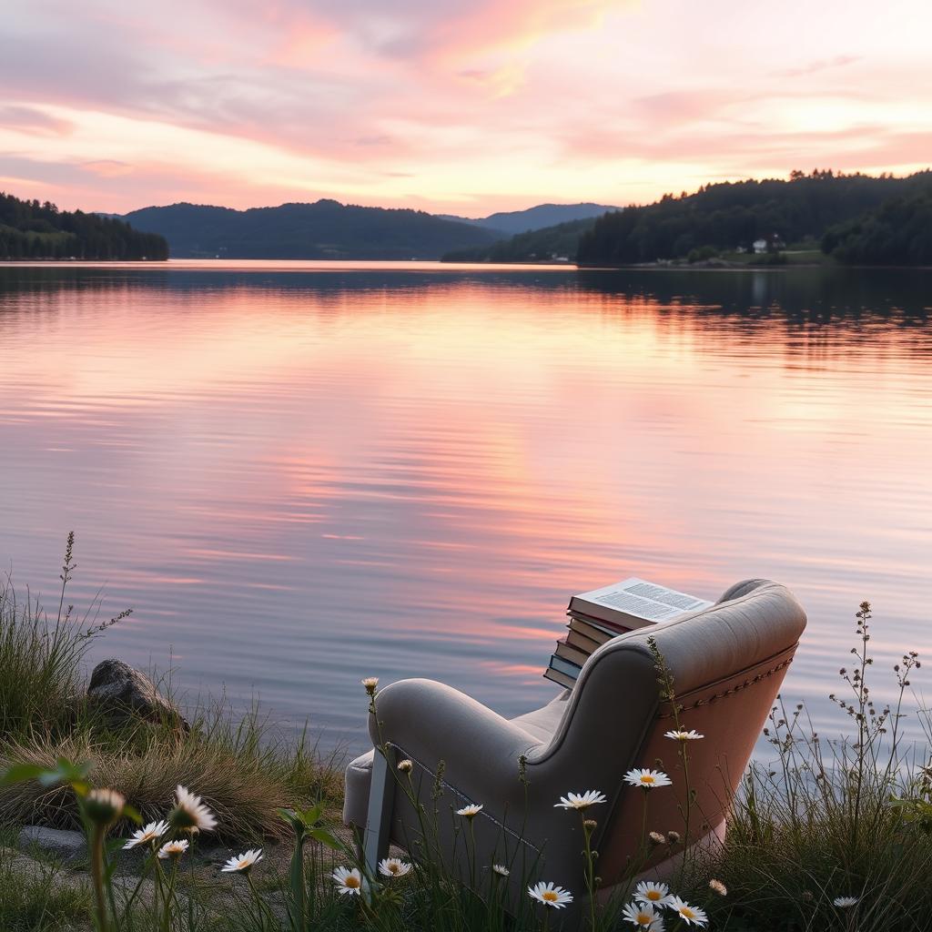 A serene lakeside scene for a book cover, featuring calm waters reflecting the soft hues of a sunset sky, surrounded by gentle hills and lush trees
