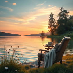 A serene lakeside scene for a book cover, featuring calm waters reflecting the soft hues of a sunset sky, surrounded by gentle hills and lush trees