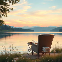 A serene lakeside scene for a book cover, featuring calm waters reflecting the soft hues of a sunset sky, surrounded by gentle hills and lush trees