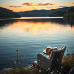 A serene lakeside scene for a book cover, featuring calm waters reflecting the soft hues of a sunset sky, surrounded by gentle hills and lush trees