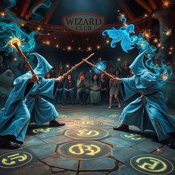 An enchanting scene of a wizard duel club, featuring wizards in light blue robes, wielding intricately carved wooden wands