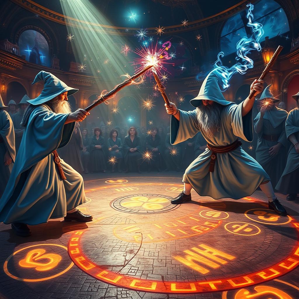 An enchanting scene of a wizard duel club, featuring wizards in light blue robes, wielding intricately carved wooden wands