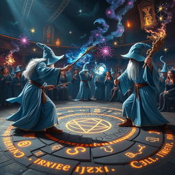 An enchanting scene of a wizard duel club, featuring wizards in light blue robes, wielding intricately carved wooden wands