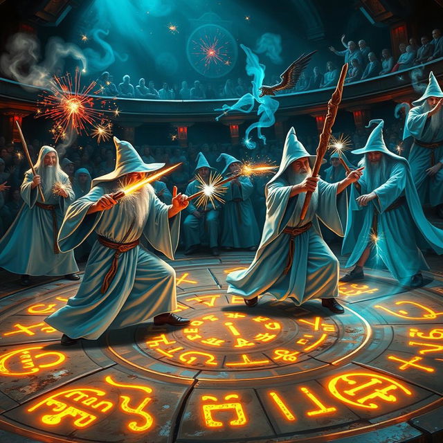 An enchanting scene of a wizard duel club, featuring wizards in light blue robes, wielding intricately carved wooden wands