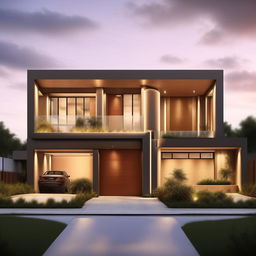 Create an image of a stunning, modern three-story building on a 40ft x 30ft plot. Incorporate a spacious garage on the right side, enhancing the overall architectural elegance.