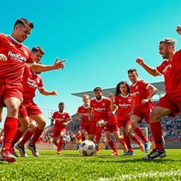 A dynamic depiction of a soccer team called Redcarmy, showcasing a diverse group of strong athletes wearing bright red uniforms adorned with a striking logo