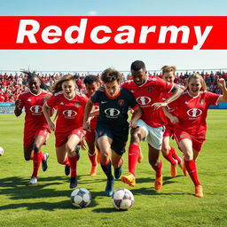 A dynamic depiction of a soccer team called Redcarmy, showcasing a diverse group of strong athletes wearing bright red uniforms adorned with a striking logo