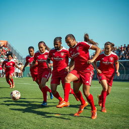 A dynamic depiction of a soccer team called Redcarmy, showcasing a diverse group of strong athletes wearing bright red uniforms adorned with a striking logo