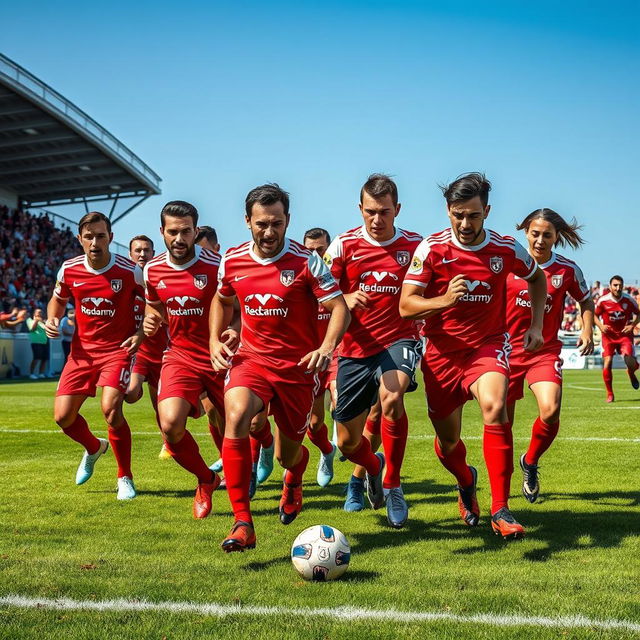 A dynamic depiction of a soccer team called Redcarmy, showcasing a diverse group of strong athletes wearing bright red uniforms adorned with a striking logo