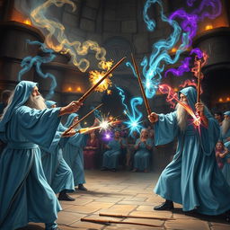 An exhilarating scene of a wizard duel club, showcasing several wizards dressed in flowing light blue robes, each wielding beautifully crafted wooden wands