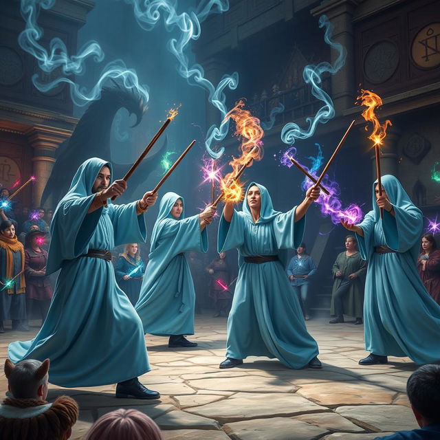 An exhilarating scene of a wizard duel club, showcasing several wizards dressed in flowing light blue robes, each wielding beautifully crafted wooden wands