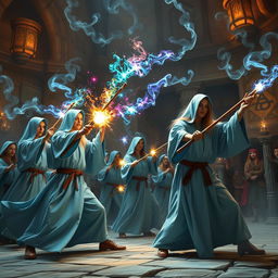 An exhilarating scene of a wizard duel club, showcasing several wizards dressed in flowing light blue robes, each wielding beautifully crafted wooden wands