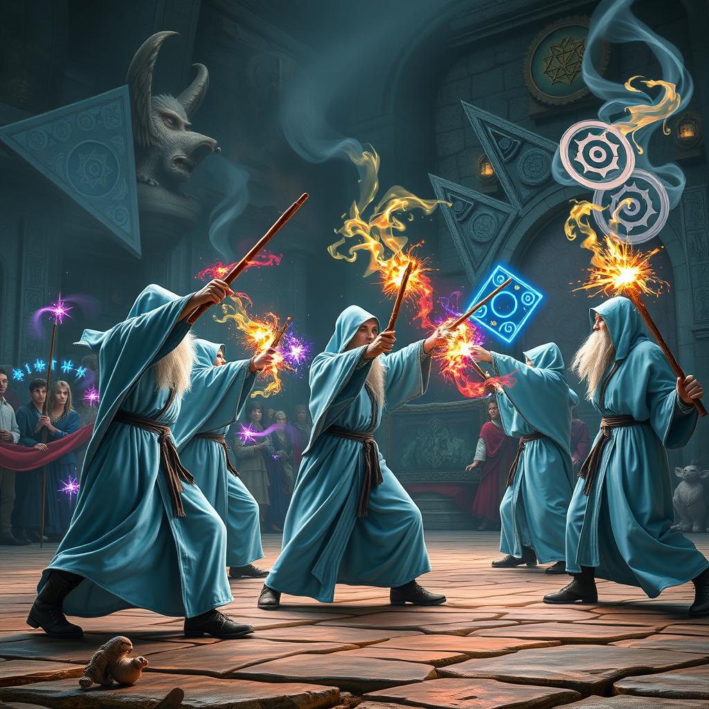 An exhilarating scene of a wizard duel club, showcasing several wizards dressed in flowing light blue robes, each wielding beautifully crafted wooden wands