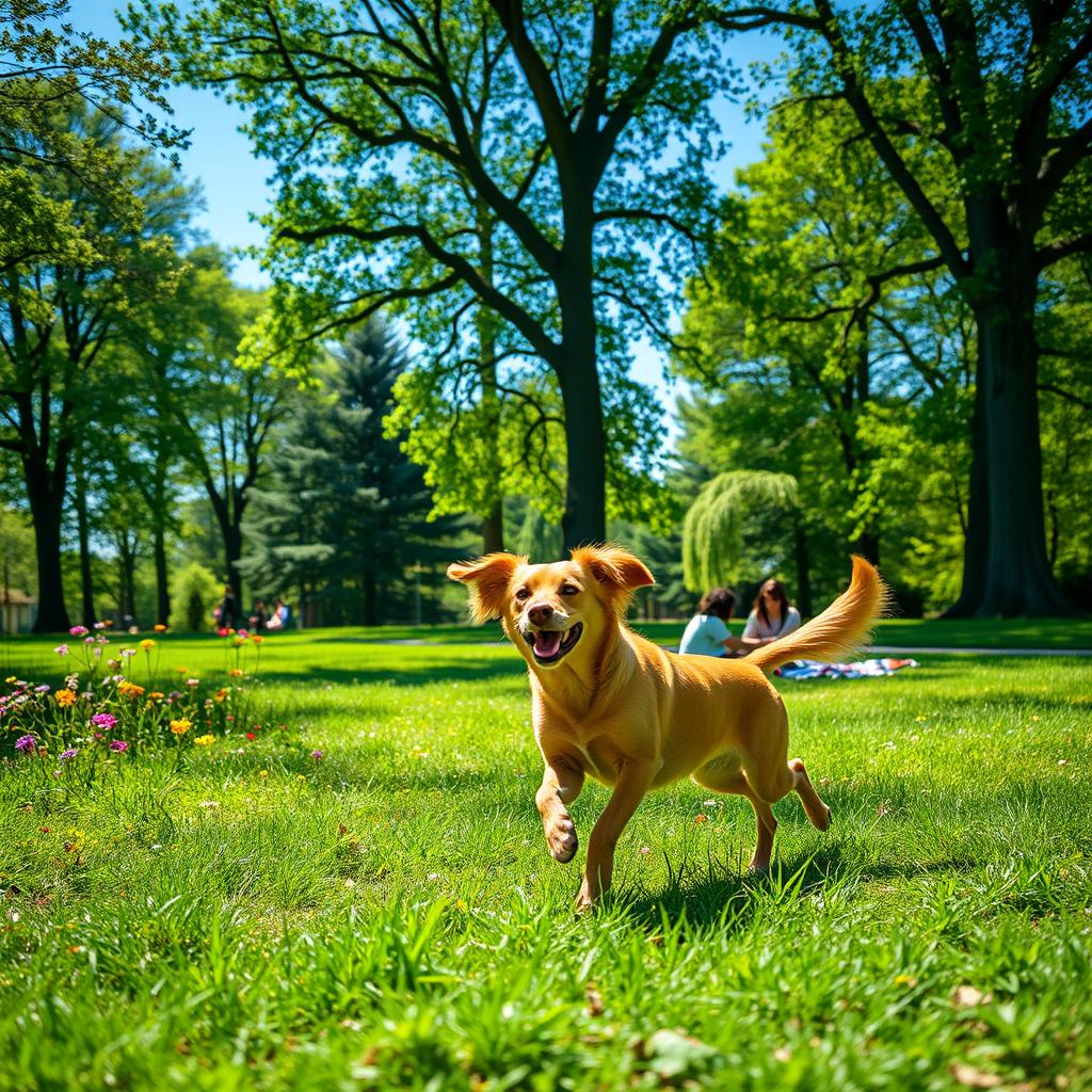 An outdoors scene depicting a serene park with vibrant green grass, tall trees, and colorful wildflowers under a bright blue sky