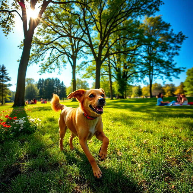 An outdoors scene depicting a serene park with vibrant green grass, tall trees, and colorful wildflowers under a bright blue sky