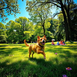 An outdoors scene depicting a serene park with vibrant green grass, tall trees, and colorful wildflowers under a bright blue sky