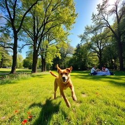 An outdoors scene depicting a serene park with vibrant green grass, tall trees, and colorful wildflowers under a bright blue sky