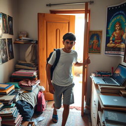 In a slightly messy bedroom in modern-day India, a teenage boy named Nihit Rajput, wearing casual school clothes like a plain t-shirt and shorts, opens the door to leave