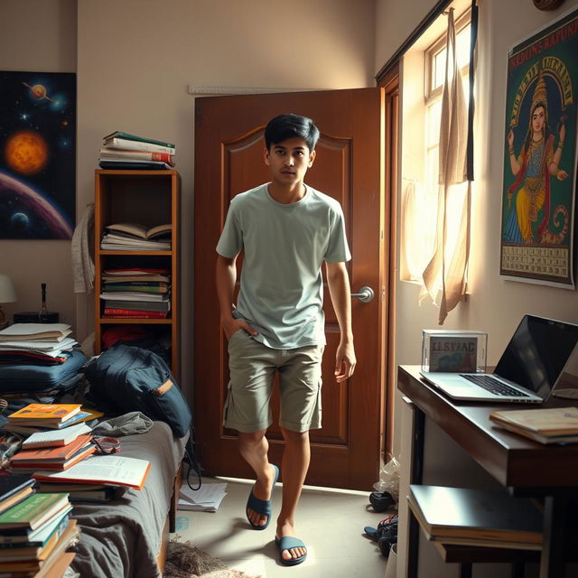 In a slightly messy bedroom in modern-day India, a teenage boy named Nihit Rajput, wearing casual school clothes like a plain t-shirt and shorts, opens the door to leave