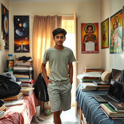 In a slightly messy bedroom in modern-day India, a teenage boy named Nihit Rajput, wearing casual school clothes like a plain t-shirt and shorts, opens the door to leave